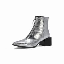 YMECHIC 2024 Silver Black Embossed Women Boots Ankle Square Heels Zipper Block Heel Winter Shoes Woman Snake Print Ankle Boots