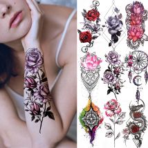 Realistische Pfingstrose Blume Temporäre Tattoo Für Frauen Kompass Lotus Rose Dreamcatcher Tattoo Aufkleber Schwarz Drachen Gefälschte Spitze Tatoo