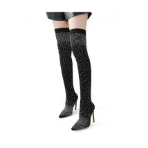 Womens Fine Stretch Mesh Socks Fit Diamante Sparkly Glamor Sexy Pointed Toe Thigh High Heeled Boots with Bling Rhinestones