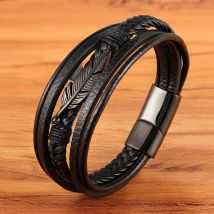 XQNI Mehrschichtiges Leder in Federform, Zubehör für Herren, Edelstahl-Lederarmband für besonderes Geburtstagsgeschenk
