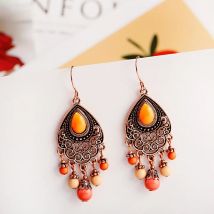 Bohemian Orange Perlen Quaste Tropfen Ohrringe Ethnische Geschnitzte Legierung Für Frauen Vintage Stein Boho Damen Ohrringe
