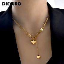 DIEYURO 316L Edelstahl Lange Liebe Herz Frauen Mädchen Halsketten & Anhänger Stern Hängende Kette Halsband Süße Valentinstag Geschenk