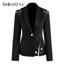 TWOTWINSTYLE Lose Fit Schwarz Aushöhlen Pin Gespleißt Jacke Blazer Neue Revers Lange Hülse Frauen