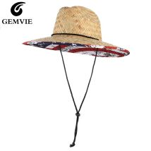 GEMVIE Breite Krempe Flagge Rettungsschwimmer Stroh Safari Hut für Männer Frauen Sommer Sonnenhut mit Kinnschnur