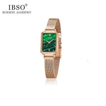 IBSO Women Luxury Fashion Green Gold Quartz Watches Elegant Rectangle Stainless Steel Mesh Strap Ladies Wristwatch Female Clock