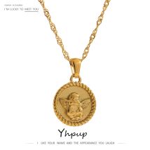 Yhpup Neue Edelstahl Engel Anhänger Halskette Kette Schmuck Gold 18 K Überzog Runde Charm Kragen Zubehör für Frauen Geschenk