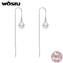 WOSTU 925 Sterling Silber Lange Quaste Ohrschnüre Einfache Shell Perle Linie Tropfen Ohrringe Für Frauen Mode Silber Schmuck CQE878-B