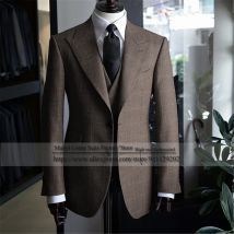 Groomsmen Slim Fit Plaid Grey Men Suits For Wedding Plus Size 3 Pcs Costume Homme Tailor-Made Business Blazer Tuxedo Prom Dress