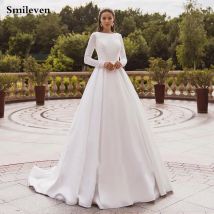Smileven Elegante Satin Hochzeit Kleider Lange Hülse Spitze Braut Kleid Moslemische Brautkleid Covered Zurück Vestido de novia 2020