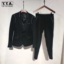 Anzug Jacke Set Männer England Stil Schwarz Einreiher Slim Fit Blazer Hosen Zwei Stück Set Mode Nachtclub Nieten Mantel