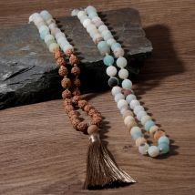 108 Mala Rudraksha & matte Amazonit Perlen geknotete Halskette Segen Meditation Yoga Gebet Japamala Schmuck Quaste Anhänger