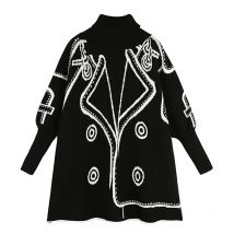 Black Pattern Oversized Turtleneck Pullover Sweater Women Autumn Winter 2025 Korean Fashion Batwing Sleeve Loose Knitted Sweater