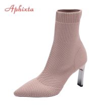 Aphixta Metall Klinge Heels Socken Stiefel Frauen Stretch Stoff Elastische Stilettos Ferse Spitz Stiefeletten Schuhe Frau Boote