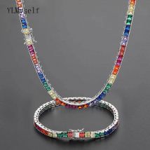4mm Rainbow CZ Tennis Chain Necklace & Bracelet – Square-Cut Iced Out Hip Hop Jewelry for Men and Women, 16–24" & 7–9"