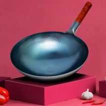 Gehämmert Gusseisen Wok,Carbon Steel Round Bottom Wok, Blau Küche Kochgeschirr, buche Griff