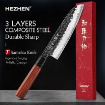 HEZHEN 7 cali nóż Santoku trójwarstwowa stal kompozytowa noże kuchenne ze stali nierdzewnej czerwona