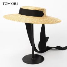 Neue Sonnenhüte mit breiter Krempe, 15 cm Krempe, Boater-Strohhut, flach, für Damen, Sommer, Derby, Chapeau-Hut, weiß, schwarz, Band, Krawatte, Sonnenschutz, Strandkappe