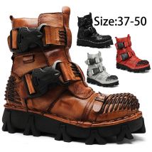 Männer Echtes Leder Motorrad Stiefel Schädel Gothic Punk Western Cowboy Stiefel Kampf Mid-kalb