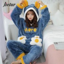 Jielur Warme Frauen Pyjama Sets Winter Dame Langarm Shirt + Hosen Hause anzug Mit Kapuze Cartoon Drucken Dicke Pijama feminino