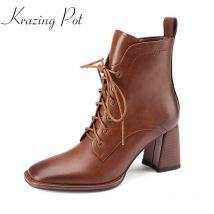 Krazing Pot Vintage Cow Leather Square Toe Thick High Heels Superstar Modern Career Boots Vintage Lace Up Keep Warm Ankle Boots