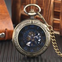 Vintage Mechanische Taschenuhr Männer Blau Römischen Ziffern Display Transparent Anhänger Uhr Geschenke für Frauen Handaufzug Fob Uhr