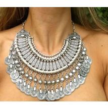 Gypsy Bohemia Beachy Chic Vintage Metal Coin Tassel Statement Necklaces for Women Hippie Afghan Turkish Ethnic Tribal Jewelry
