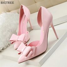 Seite Hohl Weiches Leder Frauen Pumpen 7 Farbe Mode Bowtie Spitz High Heels Damen Kleid Hochzeit Schuhe Frau Arbeit Flach