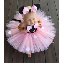 Schöne Mädchen Rosa Cartoon Tutu Kleid Baby Mickey Minnie Häkeln Tüll Tutus mit Punkten Schleife und Stirnband Kinder Geburtstag Party Kleid