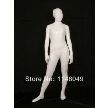 Weißer, glänzender, metallischer Zentai-Anzug mit Reißverschluss hinten