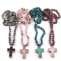 Mode Bohemian Tribal Schmuck Stein lange Verknotet Stein Kreuz Anhänger Halsketten Frauen Ethnische Halskette