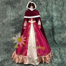 Modisches rotes Prinzessin-Cosplay-Kostüm für Damen mit Belle-Kleid und Umhang, perfekt für Halloween-Partys