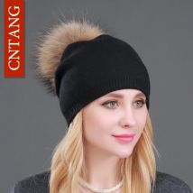 Cappelli di lana lavorati a maglia autunno inverno per le donne Berretti con pompon moda Cappello di pelliccia Berretti caldi femminili con berretto di pelliccia di procione genuina naturale