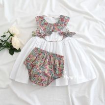 2PCS Baby Mädchen Sommer Vintage Spanisch Floral Blume Bogen Prinzessin Kleid mit Hosen Weiß Casual Kleid für Baby Mädchen b11
