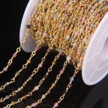 5 Meter Natürliche Bunte Turmalin 2mm Facettierte Runde Perlen Rosenkranz-Kette, Goldmessing-Draht Umwickelte Halskette Armband Pullover-Ketten