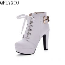 QPLYXCO Neue Große Größe 34-50 Ankle Boot Frauen Herbst Winter Sexy Lace Up High Heels (12 cm) hochzeit Party Plattform Bootie 3872