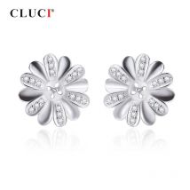 CLUCI Authentic 925 Sterling Silver Women Flower Pearl Ring Mounting Jewelry for Wedding Sterling Silver Zircon Earrings SE150SB