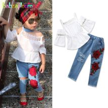 2 Stück Set Sommer Kinder Kleidung Mädchen Kleinkind Boutique Outfits Mode weiß Baby Tops Blumen loch Jeans Kinder Kleidung bc1731