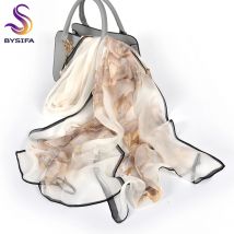 [BYSIFA] Weibliche Frühling Weiße Chiffon-Silk Schals Neue Floral Design Lange 100% Silk Schal Schal Herbst Winter Frauen neck Schal