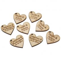 100 Stück personalisierte gravierte Holz-Mittelstücke zum Aufhängen, Liebesherz-Mittelstücke, Hochzeit, Tischdekoration, Gastgeschenke, individuelle Süßigkeiten-Tags