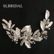 SLBRIDAL Handgefertigte silberfarbene Kristalle Strasssteine Blumenblatt Hochzeit Haarspange Haarspangen Braut Kopfschmuck Haarschmuck