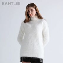 Bahtlee-Angora-Pullover für Frauen, Roll kragen pullover, Strick pullover, Langarm, warm, weiß,