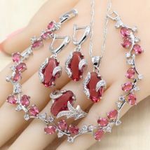 925 silber Schmuck Sets Für Frauen Red Rubin Halskette Anhänger Ohrringe Ring Armband Hochzeit Geburtstag Geschenk