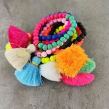 JAASA Modische Gummi-Perlenarmbänder mit Elastikband, Bunte Große Quasten-Armbänder für Damen, Sommer-Strand-Urlaubsschmuck