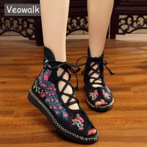 Veowalk Pfau bestickt Frauen Peep Toe Gladiator Leinwand Sandalen chinesische handgemachte Schnürung Damen Sommer Stoff flache Schuhe
