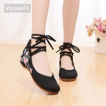 Veowalk Knöchelriemen-Ballerinas für Damen, Segeltuch, bestickt, Damen, bequeme Tanzballerinas aus Baumwolle, vegane Muslem-Schuhe