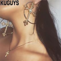 KUGUYS Big Hoop Kreuz Baumeln Ohrring für Frauen Tropfen Metall Kristalle Gold Silber Farbe Schmuck Runde Vintage Zubehör