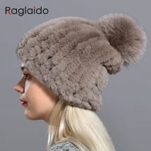 Raglaido Strick Pompom Hüte für Frauen Beanies Solide Elastische Rex Kaninchen Pelz Caps Winter Hut Skullies Mode Zubehör LQ11219