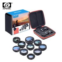 APEXEL Kit obiettivo telefono universale 10 in 1 Obiettivo macro grandangolare Fisheye Filtro CPL Caleidoscopio + Obiettivo telescopio 2X per smartphone
