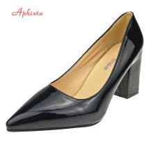 Aphixta Schuhe Frauen Spitz Pumpen Sapato feminino 7,5 cm Hohe Quadratische Absätze Patent Leder Mode Arbeit Schwarz Party Schuhe