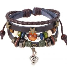 Ręcznie robiona bransoletka Boho Gypsy Hippie Design Brown Leather Star G Clef Note Metal Charms